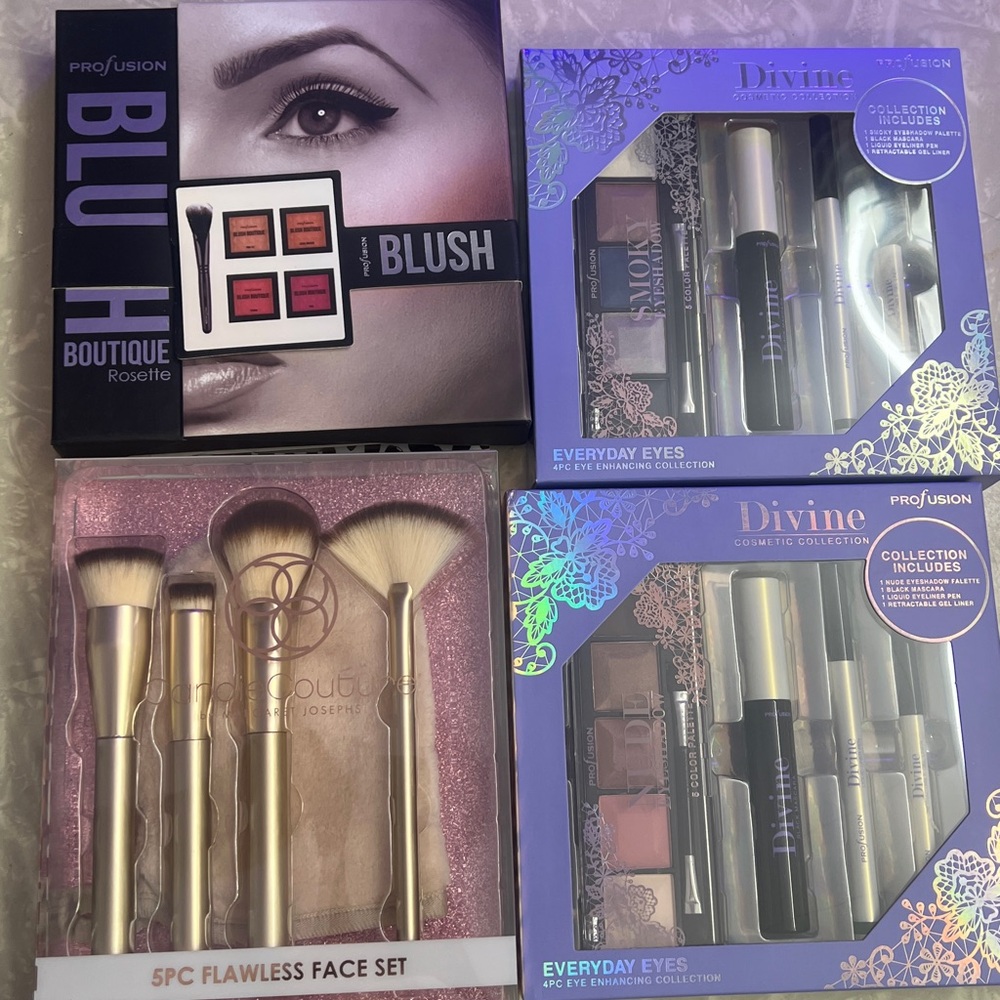 3 Profusion Cosmetics Palettes Eyeshadow Blush plus Brushes Nude Smokey Rosette
